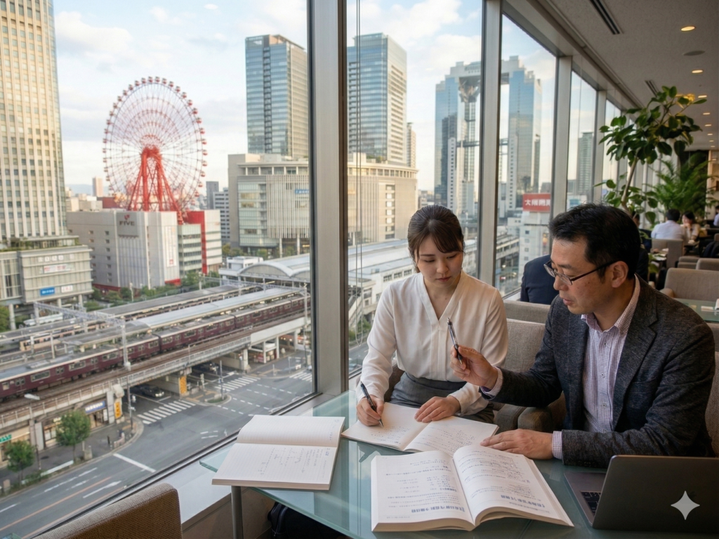 新大阪SPI数学塾の出張授業で梅田・大阪駅近くで転職SPI受験の個別指導を受ける社会人の受講風景