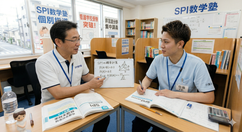 新大阪SPI数学塾で看護学校受験の個別指導を受ける男性介護士の受講風景
