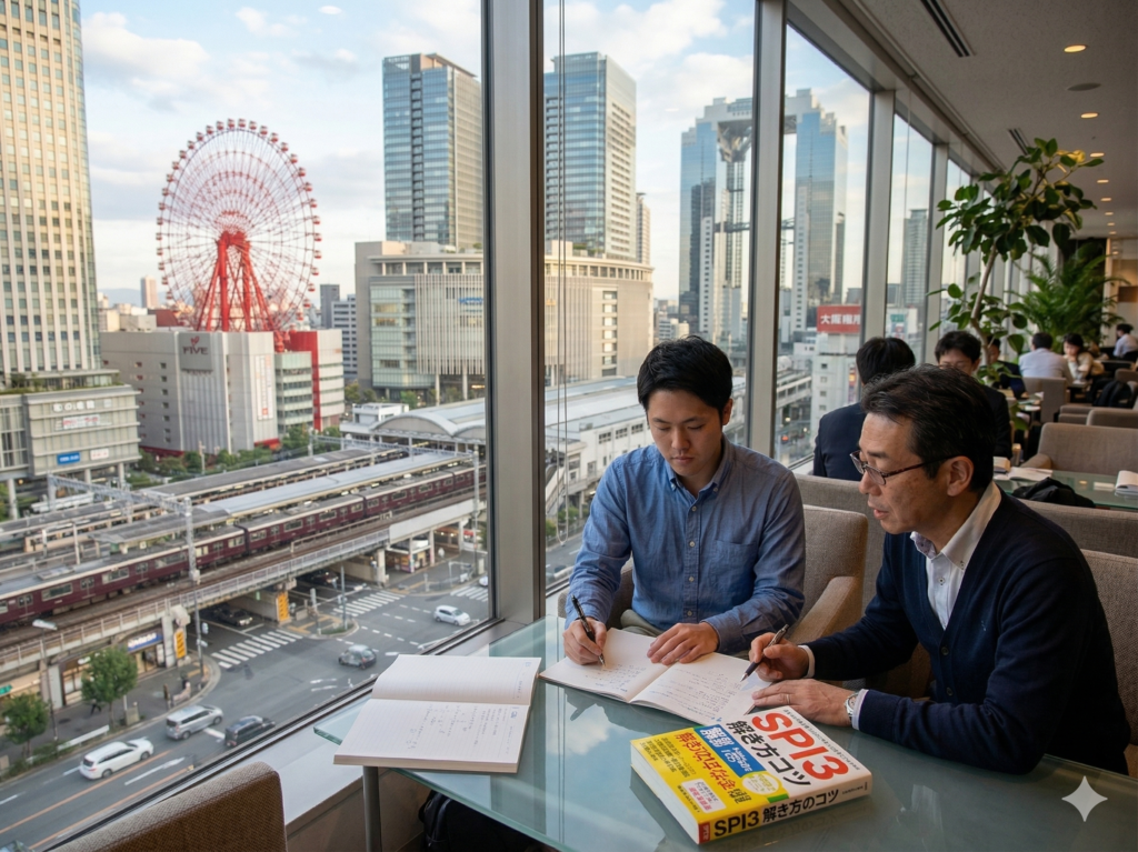 新大阪SPI数学塾の出張授業で梅田・大阪駅近くで転職SPI受験の個別指導を受ける社会人の受講風景