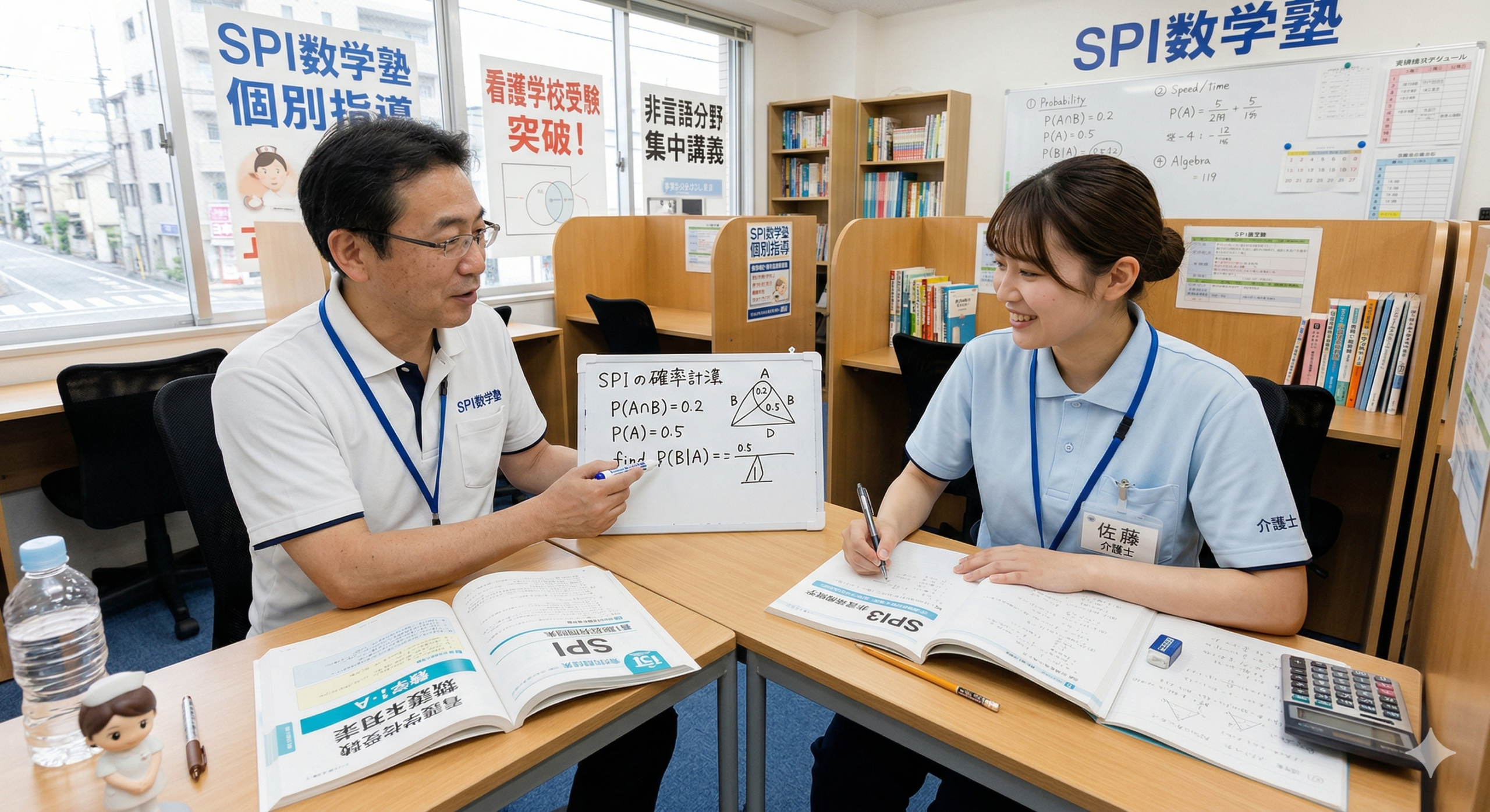 新大阪SPI数学塾で看護学校受験の個別指導を受ける女性介護士社会人の受講風景